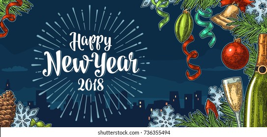 Happy New Year calligraphy lettering and champagne glass, bottle, serpentine, rocket, snowflake, pine cone, candle, toy, fir branch. Vector vintage color engraving