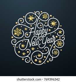 Happy New Year calligraphy lettering and golden snowflake star pattern decoration on white background for Xmas greeting card design. Vector golden sparkling Christmas flourish swash holiday text
