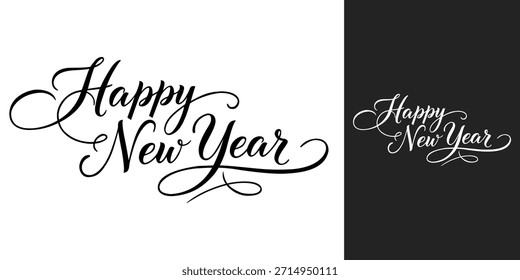 Happy New Year Calligraphy Script Black White Elegant Typography Vector Design Set
