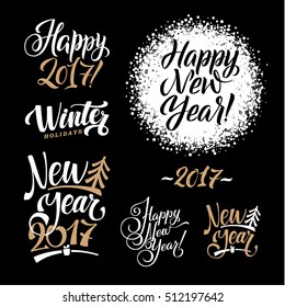 Happy New Year Calligraphy Set. Greeting Card Design Set on White Background.