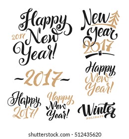 Happy New Year Calligraphy Set. Greeting Card Design Set on White Background. Vector Illustration