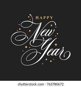 Happy New Year calligraphy template. Greeting card or invitation. Hand drawn typography inscription. Winter holidays related typographic quote. Vector vintage illustration.