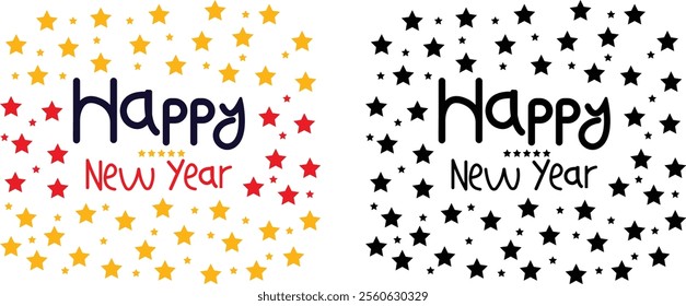 Happy New Year Calligraphy Vector for apps or web flat set Text With Colorful Hand Drawn isolated on transparent Background Holiday Festive Greeting Card Frame Postcard, Event Invitation Poster