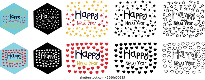 Happy New Year Calligraphy Vector for apps or web flat line set Text With Colorful Hand Drawn isolated on transparent Background Holiday Festive Greeting Card Frame Postcard, Event Invitation Poster