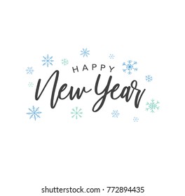 Feliz Año Nuevo Texto De Vector De Caligrafía Con Coloridas Copas De Nieve Dibujadas A Mano Sobre Fondo Blanco