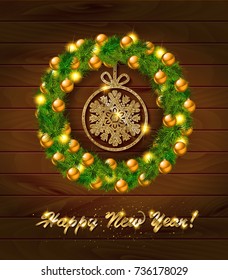 Happy New Year. Can be used for greeting cards and banners. On wooden background. Decorative frame with text. Vector illustration