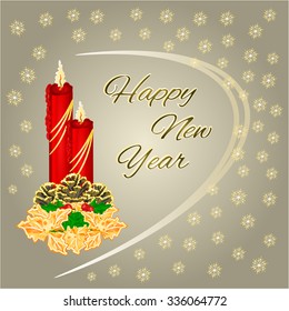 Happy New Year candle with  pinecones and berries and golden leaves vector illustration