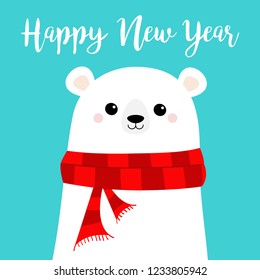 Happy New Year. Candy cane. Polar white bear cub face wearing red scarf. Merry Christmas. Cute cartoon baby character. Arctic animal. Flat design. Hello winter. Blue background. Vector