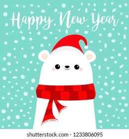 Happy New Year. Candy cane. Polar white bear cub face in red Santa hat, scarf. Cute cartoon baby character. Merry Christmas Arctic animal. Flat design Hello winter. Blue snow flake background. Vector