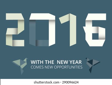 Happy New Year Card 2016 Made Of Folded Paper With Blue Background