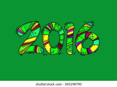 Happy new year card. 2016. Typography. Colorful hand drawn design. Seasons Greetings. Vector illustration.