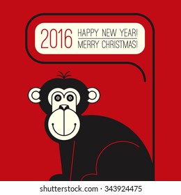 Happy new year card. 2016 written. Happy new year text. Merry christmas type. Monkey silhouette. Greeting with chinese zodiac symbol. Vector retro style design for print and web. 