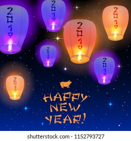 Happy new Year card 2019 greeting card with  flying chinese lanterns in the night sky and conratulations on it. Illustration includes silhouette of boar, symbol of year