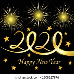 happy new year card 2020 with a gradation of gold and sparkling light against a background of fireworks and star vector