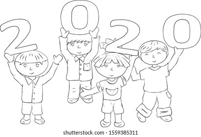 Happy new year card 2020.  Kids holding the word 2020. white background.