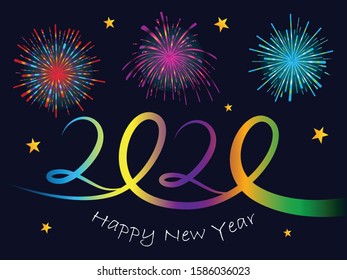 happy new year card 2020 with a gradation of colorful and sparkling light against a background of fireworks vector