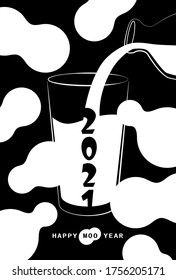 Happy new year card for 2021 with a glass of milk on cow pattern background. Vector illustration.
