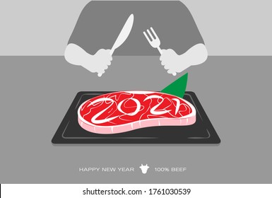 Happy new year card 2021 of beef. Vector illustration.
