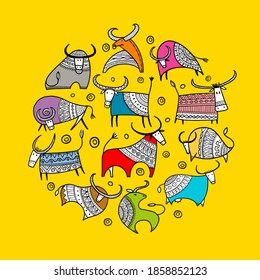 Happy new year card 2021. Bull, ox, cow. Template for your design. Vector illustration