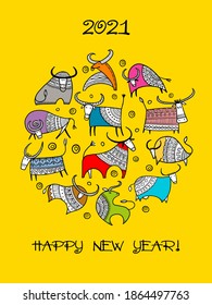 Happy new year card 2021. Funny Bulls family. Template for your design. Vector illustration