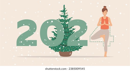 Happy new year card 2024. Young girl doing yoga pose in front of the Christmas tree. Woman practicing yoga as a part of the number 2024 sign. Vector banner or illustration