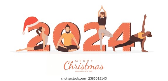 Happy new year card 2024. Men and women in yoga poses. Practicing yoga in front of the Number 2024 sign. Vector illustration isolated on the white background