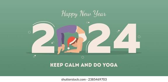 Happy new year card 2024. Healthy girl doing chakrasana yoga pose. Woman practicing yoga as a part of the Number 2024 sign. Vector banner or illustration