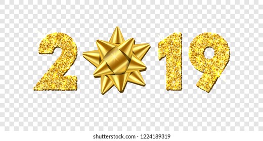 Happy New year card. 3D gift ribbon bow, gold number 2019 isolated white transparent background. Golden texture Christmas glitter design. Holiday celebration, decoration Vector illustration