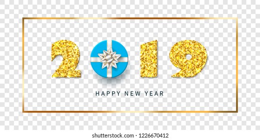 Happy New year card. 3D gift box, ribbon bow, gold number 2019 isolated white transparent background. Golden texture Christmas glitter design. Holiday celebration, decoration Vector illustration