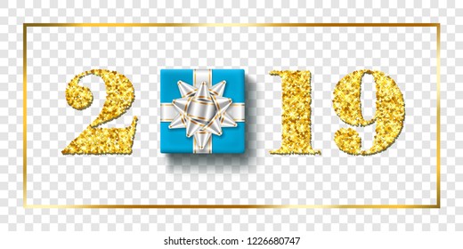 Happy New year card. 3D gift box, ribbon bow, gold number 2019 isolated white transparent background. Golden texture Christmas glitter design. Holiday celebration, decoration Vector illustration