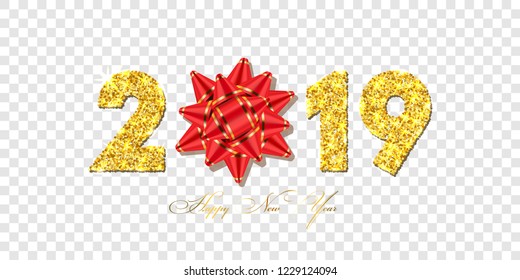 Happy New year card. 3D gift red ribbon bow, gold number 2019 isolated white transparent background. Golden texture Christmas glitter design. Holiday celebration, decoration Vector illustration