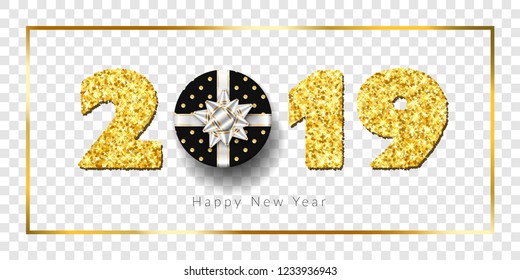 Happy New year card. 3D gift box, ribbon bow, gold number 2019 isolated white transparent background. Golden texture Christmas glitter design. Holiday celebration, decoration Vector illustration