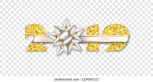 Happy New year card. 3D gift silver ribbon bow, gold number 2019 isolated white transparent background. Golden texture Christmas glitter design. Holiday celebration, decoration Vector illustration