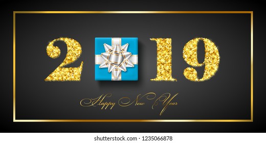 Happy New year card. 3D gift box, ribbon bow, gold number 2019 isolated black background. Golden texture Christmas glitter design. Holiday celebration, decoration, greeting banner Vector illustration
