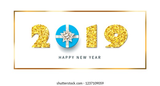 Happy New year card. 3D gift box, ribbon bow, gold number 2019 isolated white background. Golden texture Christmas glitter design. Holiday celebration, decoration, greeting banner Vector illustration