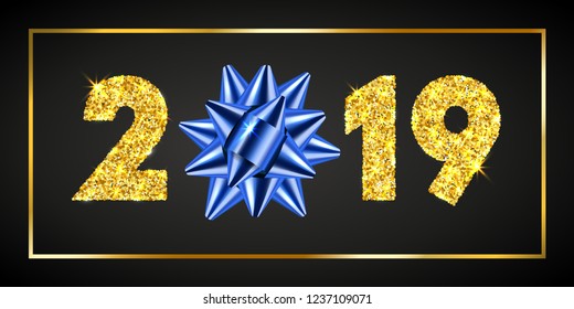 Happy New year card. 3D gift box, ribbon bow, gold number 2019 isolated black background. Golden texture Christmas glitter design. Holiday celebration, decoration, greeting banner Vector illustration