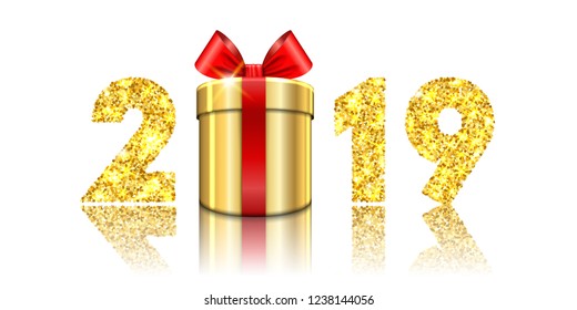 Happy New year card. 3D gift box, ribbon bow, gold number 2019 isolated white background. Golden texture Christmas glitter design. Holiday celebration, decoration, greeting banner Vector illustration