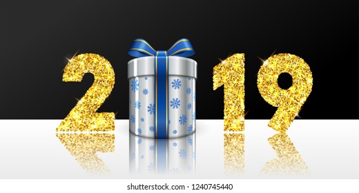 Happy New year card. 3D gift box, ribbon bow, gold number 2019 isolated white-black background. Golden texture Christmas glitter design. Holiday celebration, decoration, greeting Vector illustration