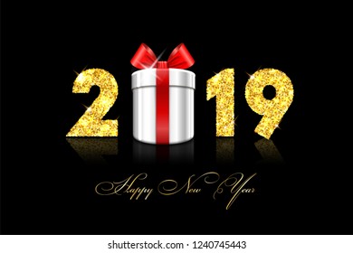 Happy New year card. 3D gift box, ribbon bow, gold number 2019 isolated black background. Golden texture Christmas glitter design. Holiday celebration, decoration, greeting banner Vector illustration
