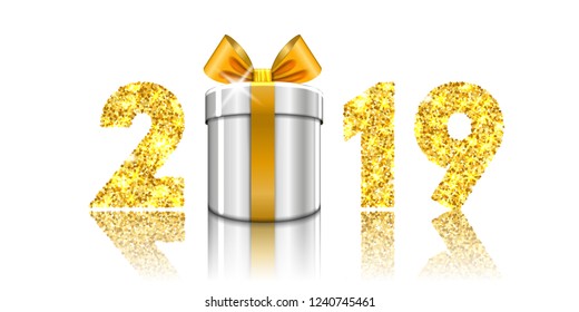 Happy New year card. 3D gift box, ribbon bow, gold number 2019 isolated white background. Golden texture Christmas glitter design. Holiday celebration, decoration, greeting banner Vector illustration