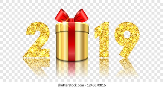 Happy New year card. 3D gift box, ribbon bow, gold number 2019 isolated white transparent background. Golden texture Christmas design. Holiday celebration, decoration, banner Vector illustration