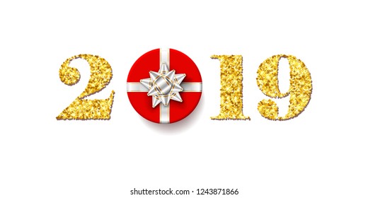 Happy New year card. 3D gift box, ribbon bow, gold number 2019 isolated white background. Golden texture Christmas glitter design. Holiday celebration, decoration, greeting banner Vector illustration