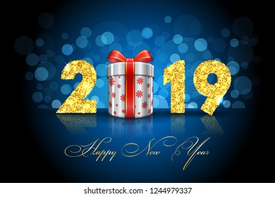 Happy New year card. 3D gift box, ribbon bow, gold number 2019 isolated black background. Golden texture Christmas glitter design. Holiday celebration, decoration, greeting banner Vector illustration