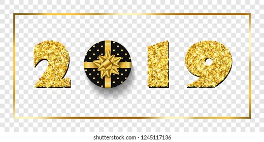 Happy New year card. 3D gift box, ribbon bow, gold number 2019 isolated white transparent background. Golden texture Christmas glitter design. Holiday celebration, decoration Vector illustration