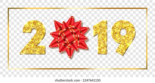 Happy New year card. 3D gift box, ribbon bow, gold number 2019 isolated white transparent background. Golden texture Christmas glitter design. Holiday celebration, decoration Vector illustration