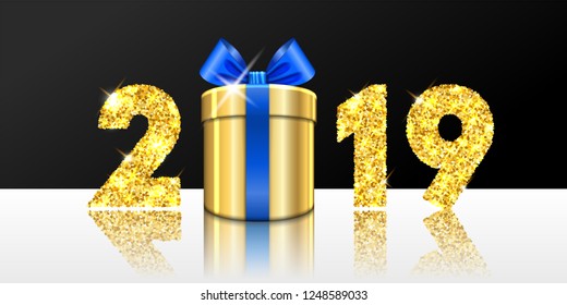 Happy New year card. 3D gift box, ribbon bow, gold number 2019 isolated white-black background. Golden texture Christmas glitter design. Holiday celebration, decoration, greeting Vector illustration