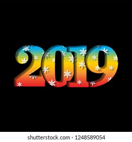 Happy new year card. 3D number 2019 with snowflakes texture, isolated black background. Rainbow graphic design holiday celebration, greeting text, Christmas banner decoration Vector illustration