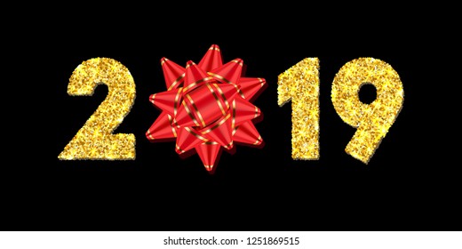 Happy New year card. 3D gift box, ribbon bow, gold number 2019 isolated black background. Golden texture Christmas glitter design. Holiday celebration, decoration, greeting banner Vector illustration