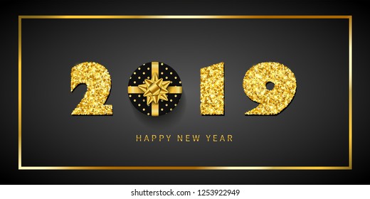 Happy New year card. 3D gift box, ribbon bow, gold number 2019 isolated black background. Golden texture Christmas glitter design. Holiday celebration, decoration, greeting banner Vector illustration