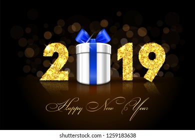 Happy New year card. 3D gift box, ribbon bow, gold number 2019 isolated black background. Golden texture Christmas glitter design. Holiday celebration, decoration, greeting banner Vector illustration